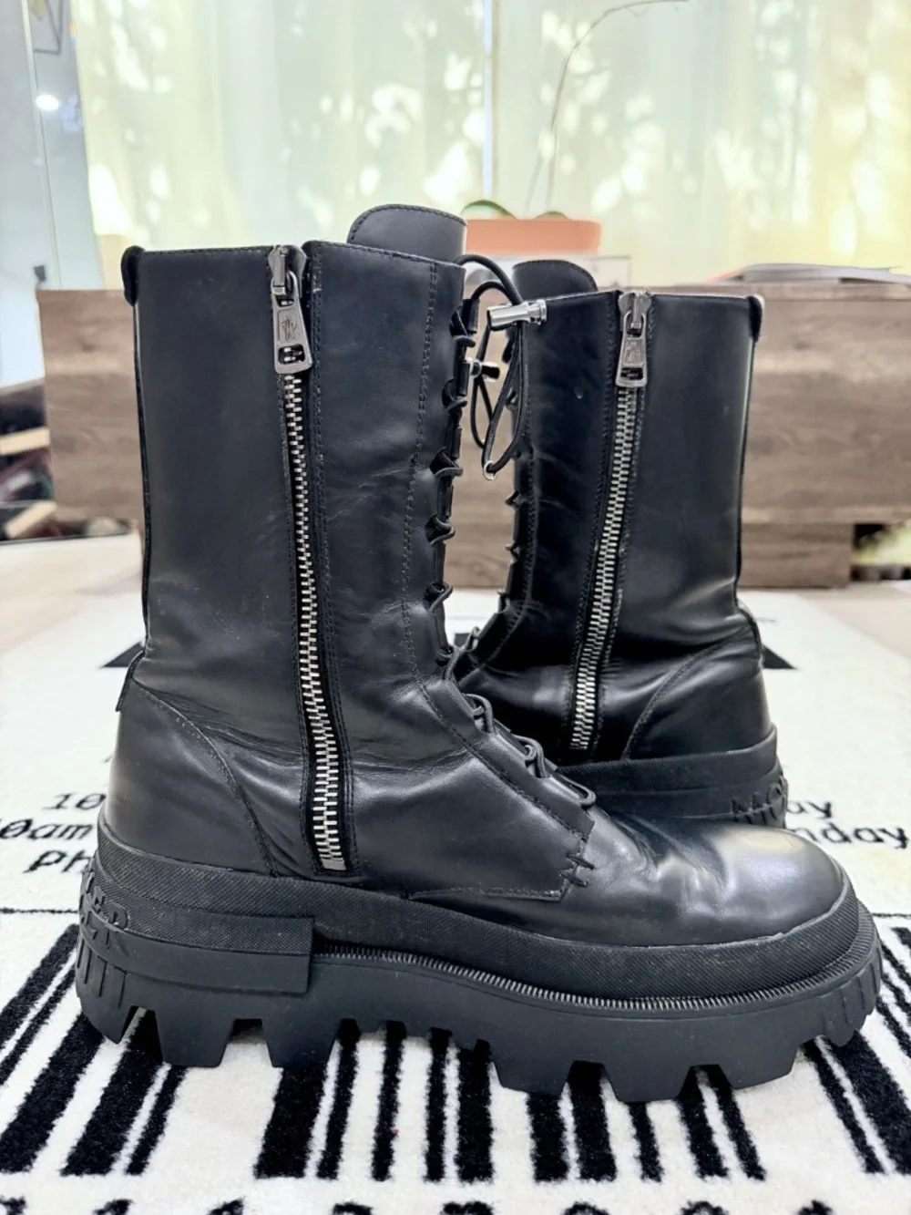 Moncler Vail Lace Up Chunky Sole Black Leather Zip Ankle Boots - Picture 4 of 12